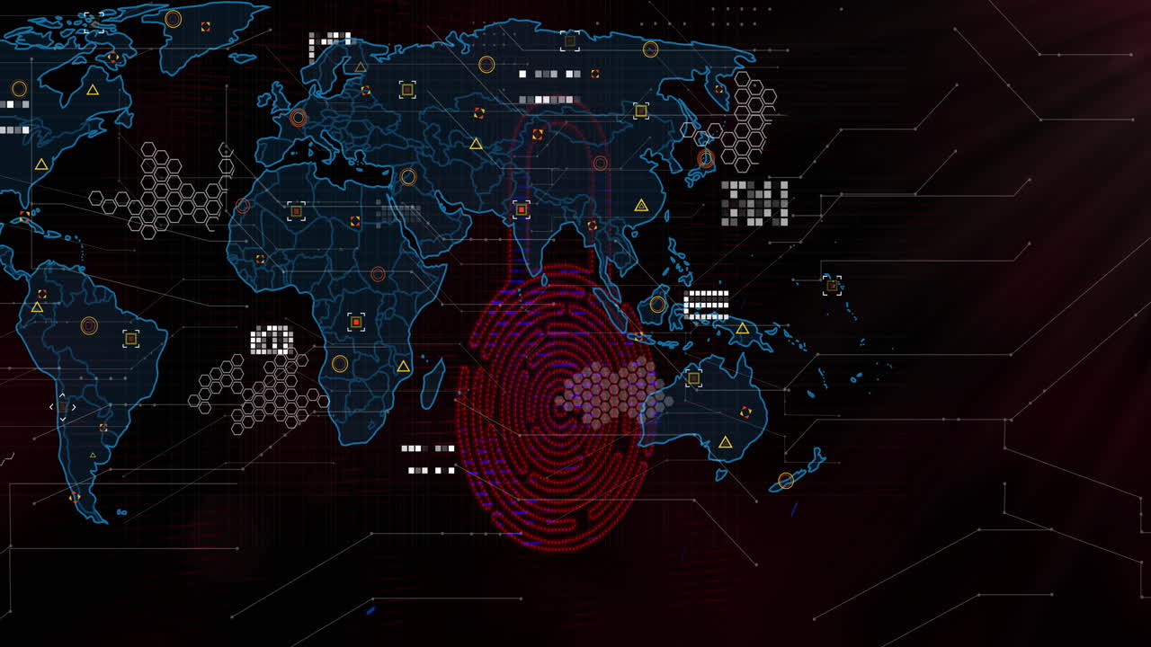 World map graphic being visualized on dark grid, with glowing data icons and connector lines