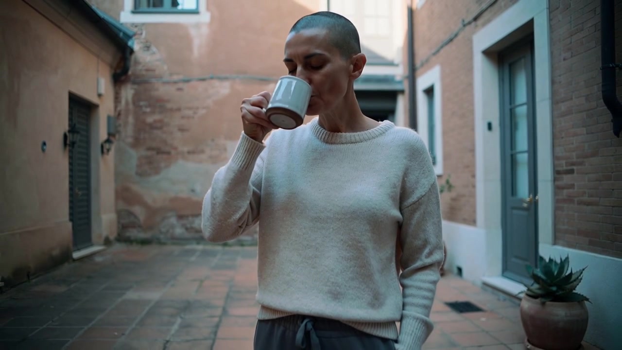 Una donna con un maglione leggero solleva una tazza di ceramica, sorseggiando per scaldarsi in un cortile, per poi posare la tazza sul tavolo.