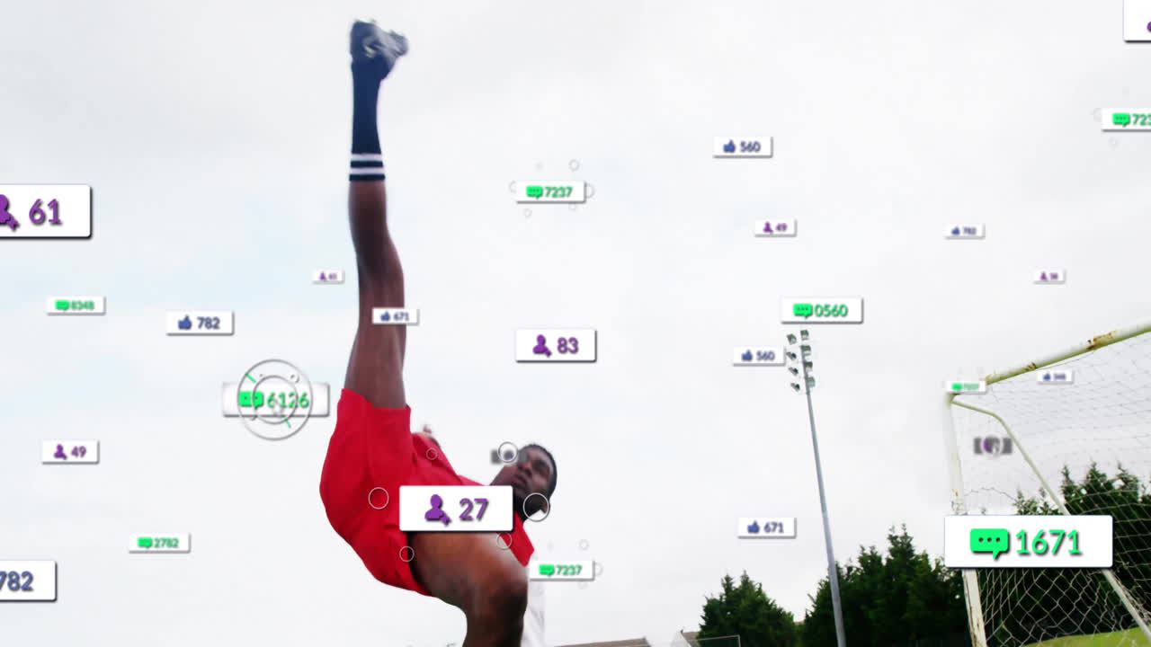Performing acrobatic kick, athlete surrounded by animation of social media icons