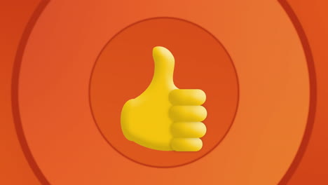 digital animation of thumbs up icons against concentric circles on orange background