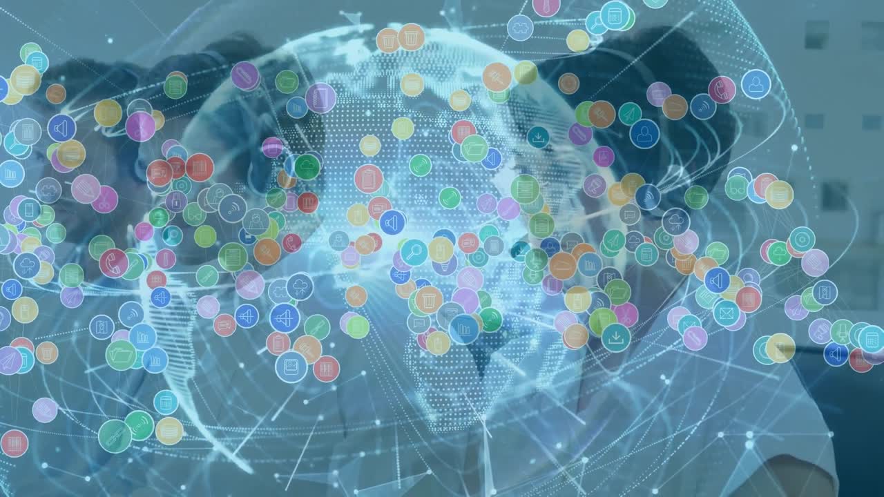 전화 헤드 ⁇ 을 사용하는 비즈니스 사람들에 대한 아이콘과 연결 네트워크의 애니메이션