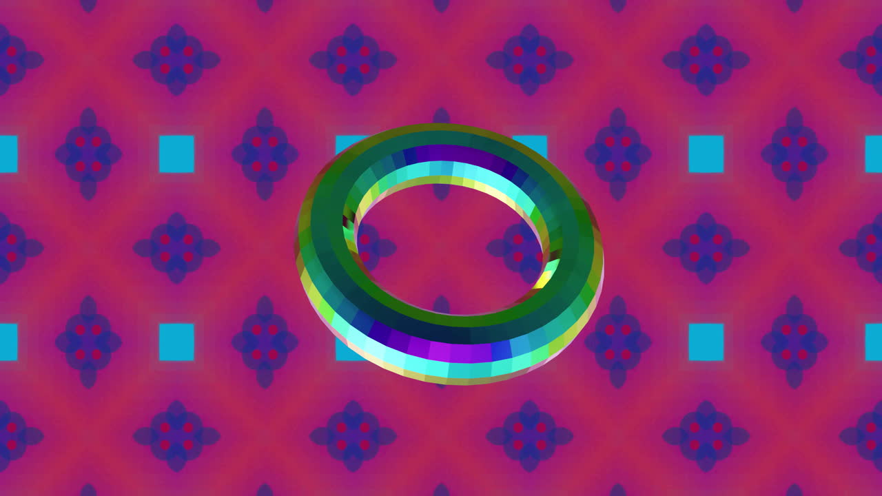 Rotating colorful ring animation over geometric patterned background