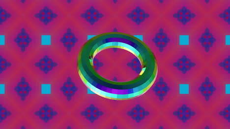 rotating colorful ring animation over geometric patterned background