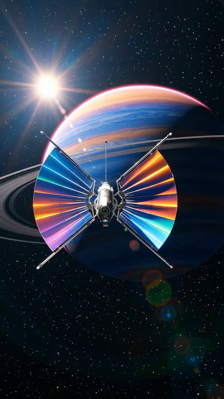 Futuristic Spacecraft Orbiting a Ringed Planet with Vibrant Solar Panels