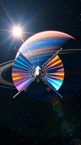futuristic spacecraft orbiting a ringed planet with vibrant solar panels