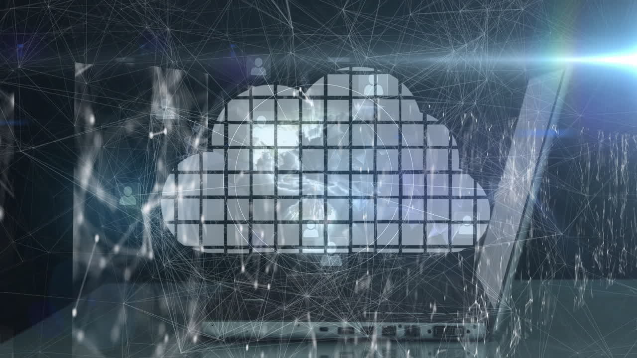 Animation of digital cloud with interconnected blocks over data network connections