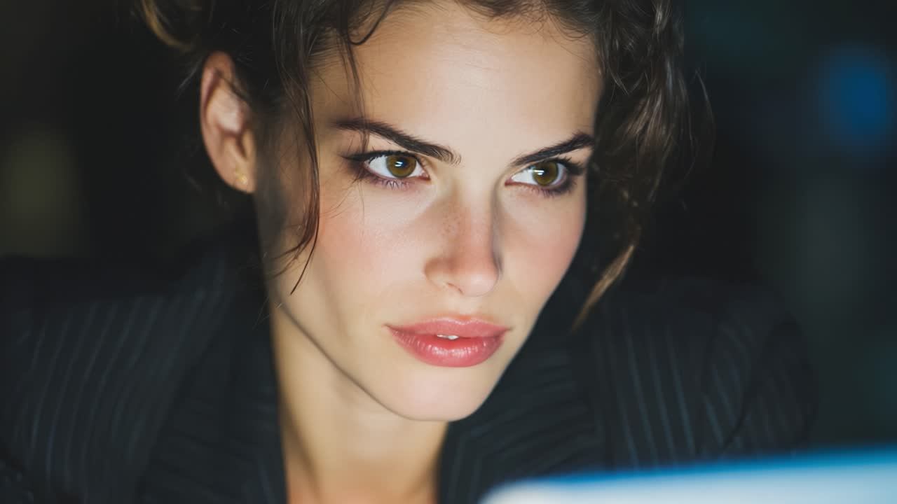Captivating Close-Up of a Woman with Intense Gaze Studying a Screen in a Dimly Lit Environment, Emphasizing Focus and Determination