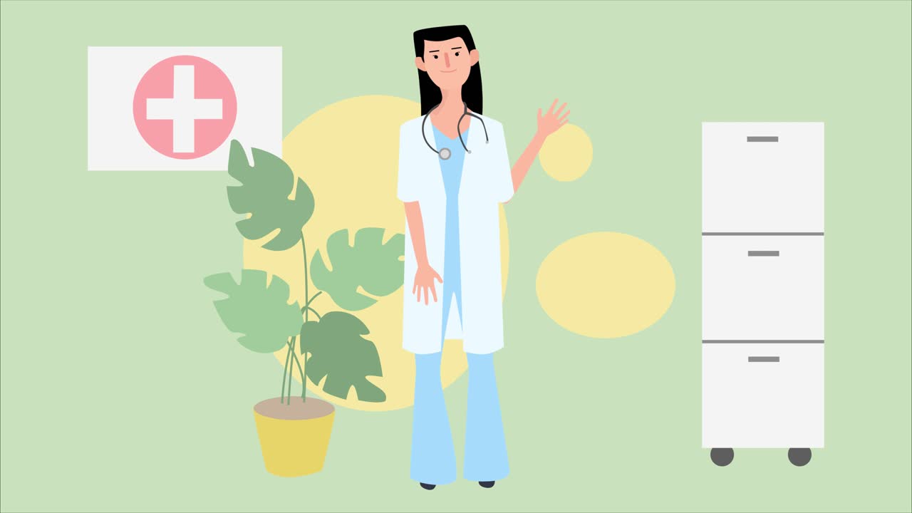Illustrazione animata 2D di una dottoressa con stetoscopio
