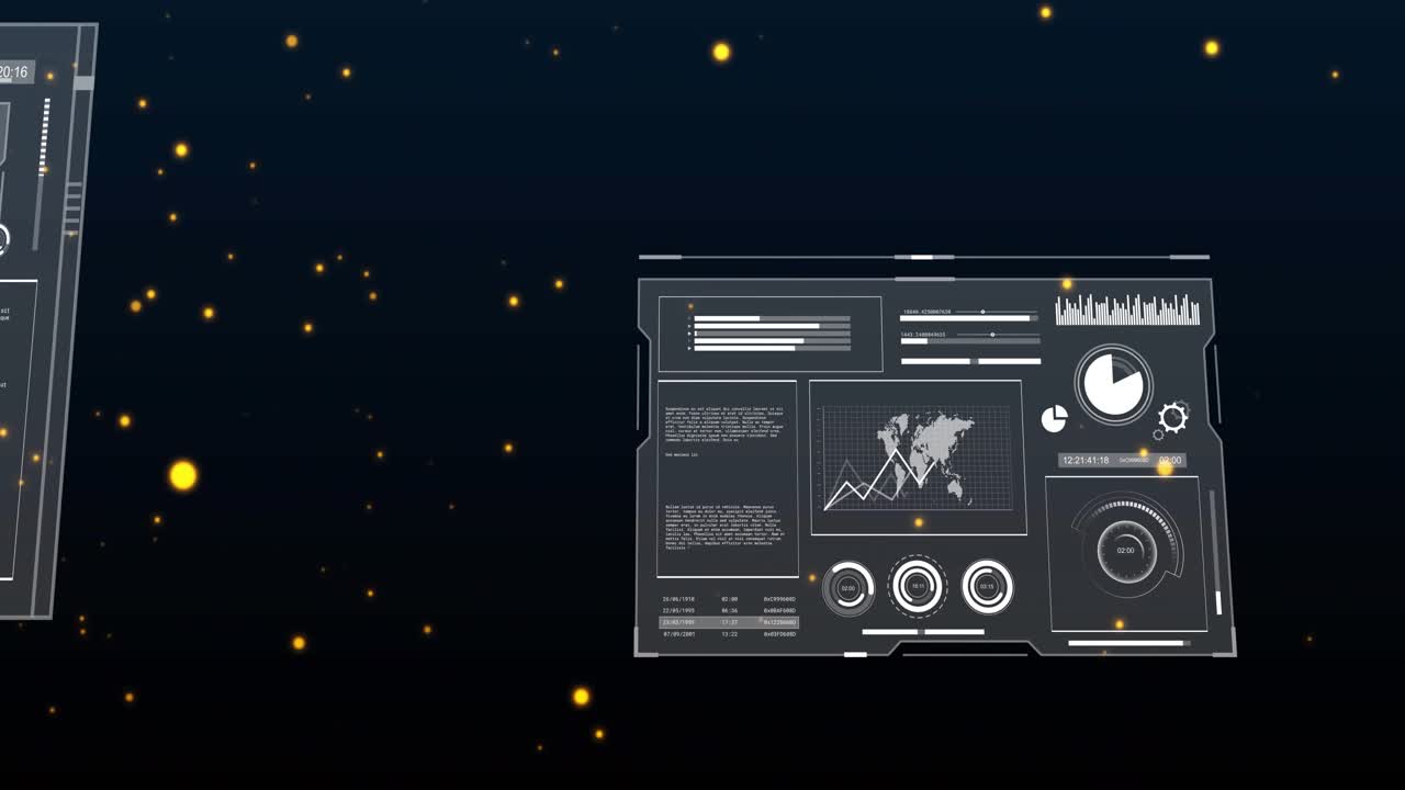 Ved scenens åpning driver gyldne partikler mens datapaneler glir, smelter sammen og danner et dashbord