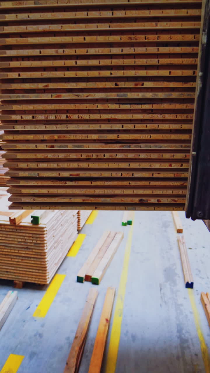 Wooden production. Forklift carries a wooden boards through the warehouse. Bunch of wooden panels moving on a truck inside the workshop. Vertical video