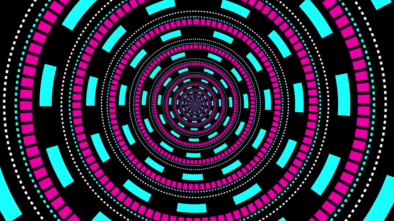 Tunnel Digitale Astratto con Anelli Magenta e Ciano in Movimento