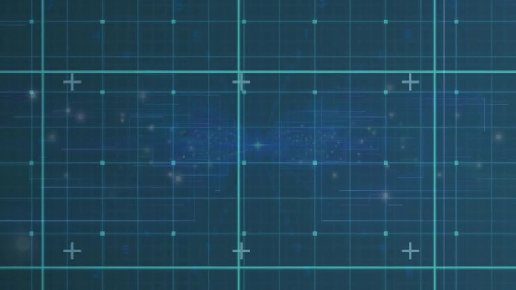 Digital network grid opening on dark blue, pulsing teal lines and flickering nodes scanning data