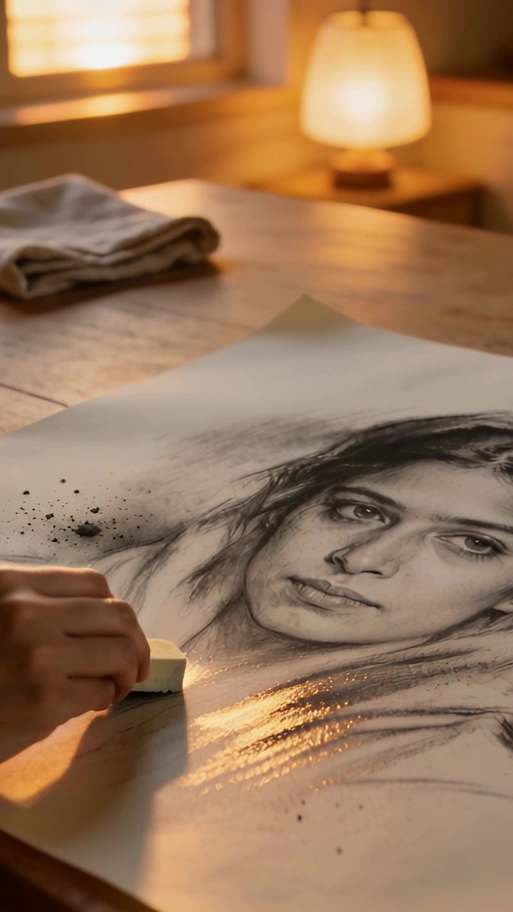 Video verticale: Vedendo la luce, un artista solleva una gomma pane su un ritratto a carboncino, rifinendo il collo a casa.