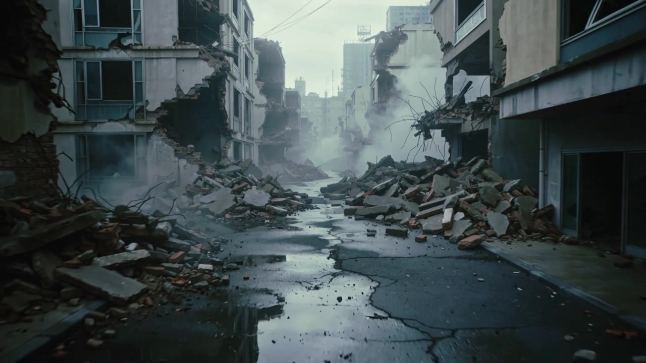 Telecamera che inizia a scivolare in avanti ispezionando il centro di una strada urbana in rovina con pozzanghere e ferri d'armatura a vista.