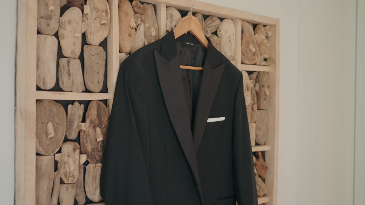 Elegant black tuxedo with pocket square hanging on wooden wall