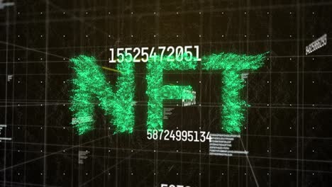 Animation-of-multiple-changing-numbers-and-nft-text-banner-over-grid-network-on-black-background