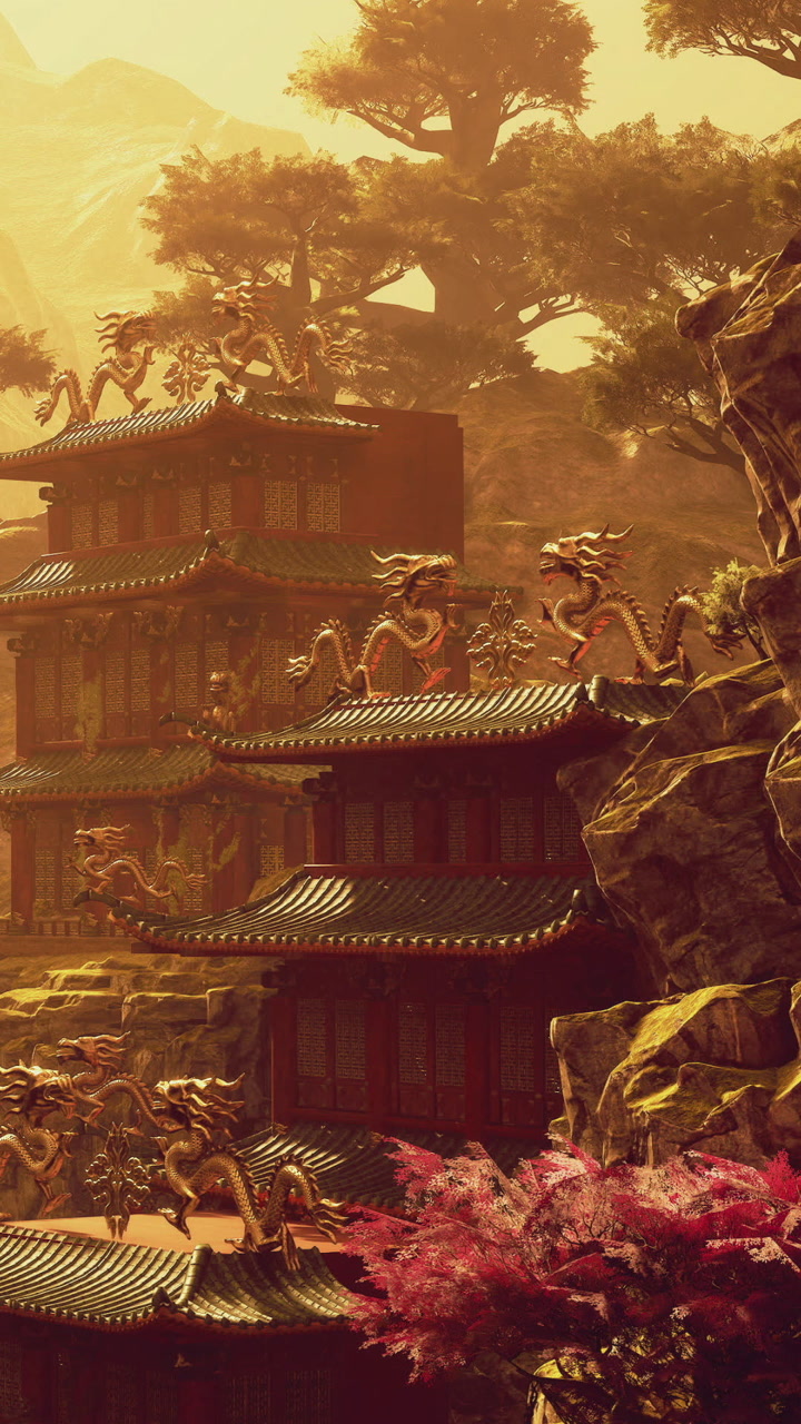 Majestic dragon adorned temple nestled in vibrant mountain landscape at sunset