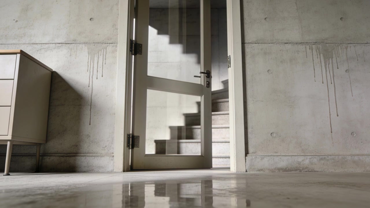 Spinta invisibile che fa oscillare verso l'interno una porta a vetri in una stanza di cemento, rivelando scale e un armadietto.