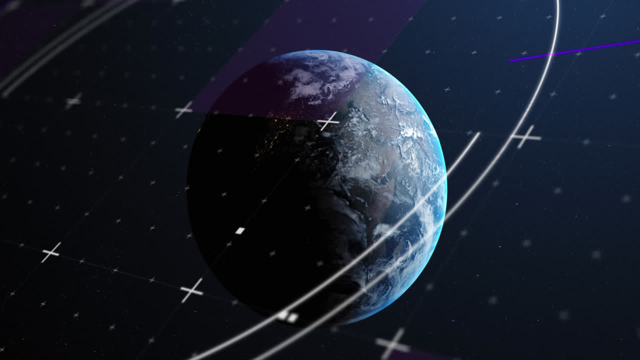 Animazione di una scansione con mirino e indicatori bianchi sopra un globo su sfondo blu.