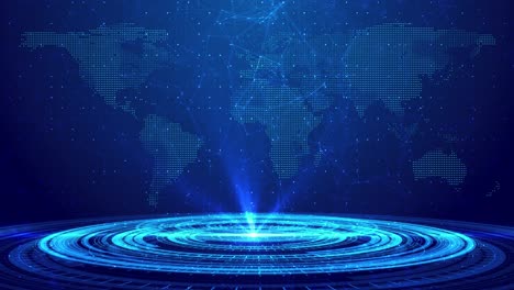 futuristic animation digital hud round glowing rings technology connecting plexus line dotted world
