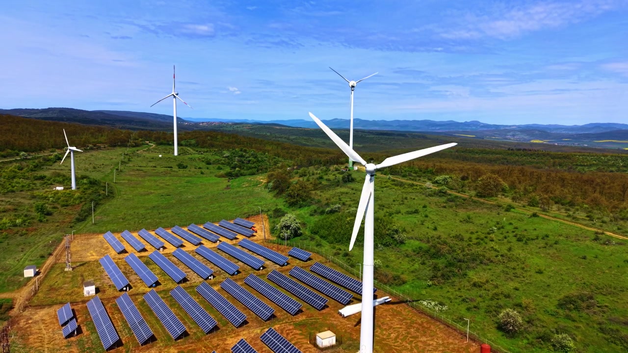 Turbinas eólicas e painéis solares no campo. Turbinas eólicas giram com a brisa enquanto painéis solares cobrem o chão em um campo verde em um dia ensolarado.