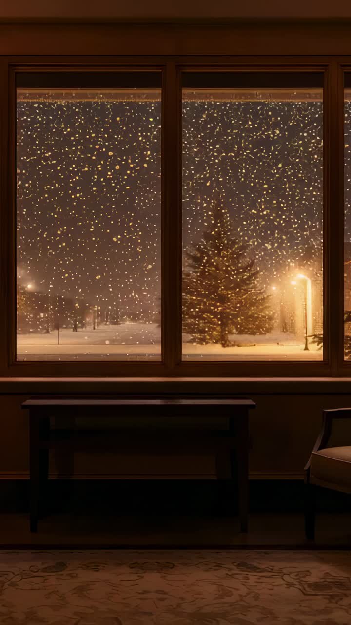 Vertical video: Showing 3-pane window, lamp revealing snow falling at night on pine tree outside