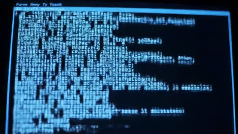 a close-up exploration of complex code patterns displayed on a computer screen, highlighting technical details and data structures in a retro digital style