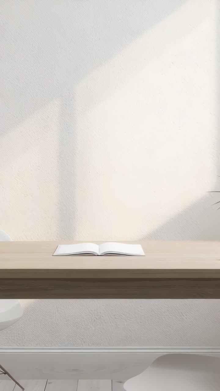 Vertical video: Shifting sunlight nudging open book on table in home nook, with plant marking time