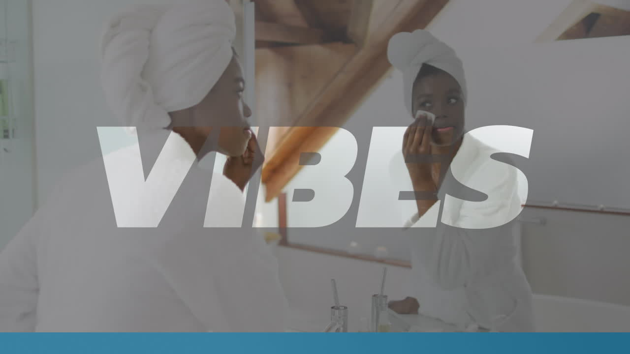 animación de vibraciones texto en blanco sobre mujer afroamericana limpiando la cara en el baño en casa