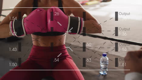 animation of data processing over caucasian woman wearing boxing gloves at gym