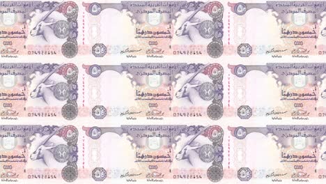 Series of banknotes of fifty dirhams arabs of the bank of the Arab Emirates rolling on screen, coins of the world, cash money, loop