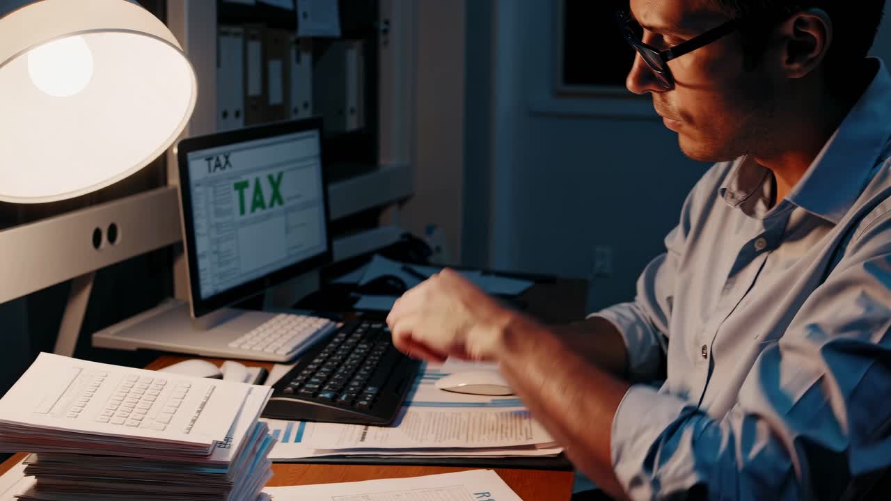 Una scena d'ufficio scarsamente illuminata da un angolo laterale mostra una persona che lavora su documenti fiscali con un computer