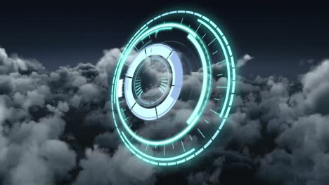 Animation-of-safe-lock-rotating-over-cloudy-sky