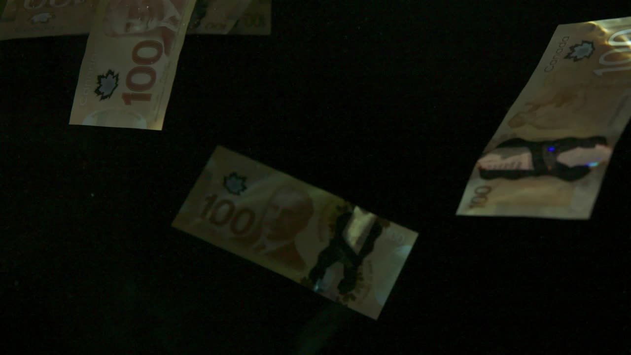 흑색 바탕에 떨어지는 캐나다 달러 지폐, 4k 로 루프가 가능, 고품질의 달러 지폐가 떨어지는 4k 로 러프가 가능