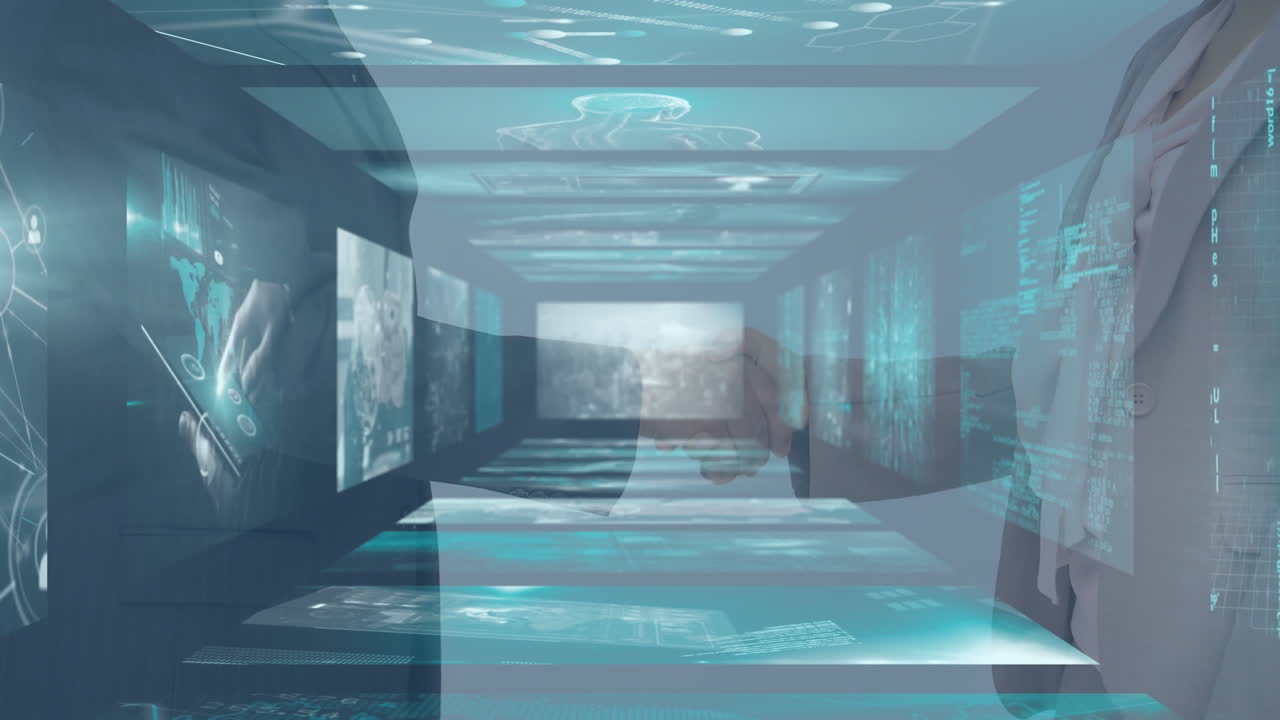 비즈니스맨과 비즈니스맨이 손을 흔들고 있는 중간 섹션에서 데이터 처리 화면