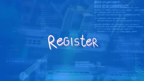 animation of register text over data processing on blue background