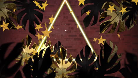 animación de estrellas y triángulo de neón sobre hojas en fondo de ladrillo
