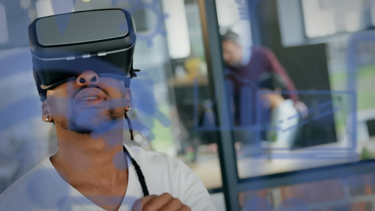 Animation of social media icons over biracial man wearing vr headset