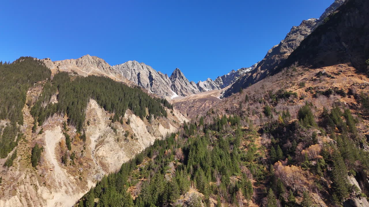 A breathtaking view of Haslital mountain peak and rugged slopes under a clear blue sky