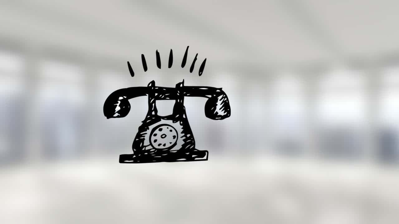 초점을 맞추지 않은 사무실 공간에서 울리는 레트로 전화의 애니메이션