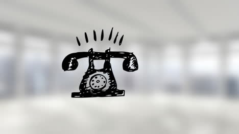 animación del teléfono retro sonando fuera de foco en el espacio de la oficina