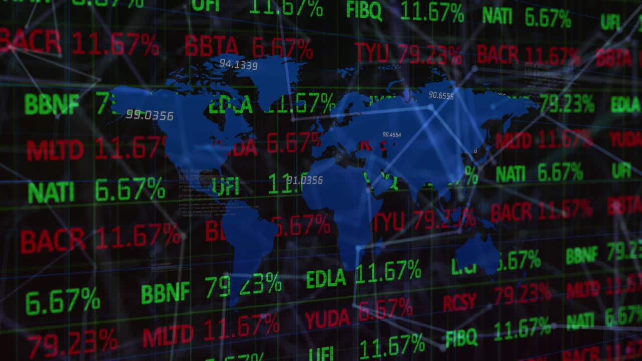 Animation of financial data processing with connections and world map over black background