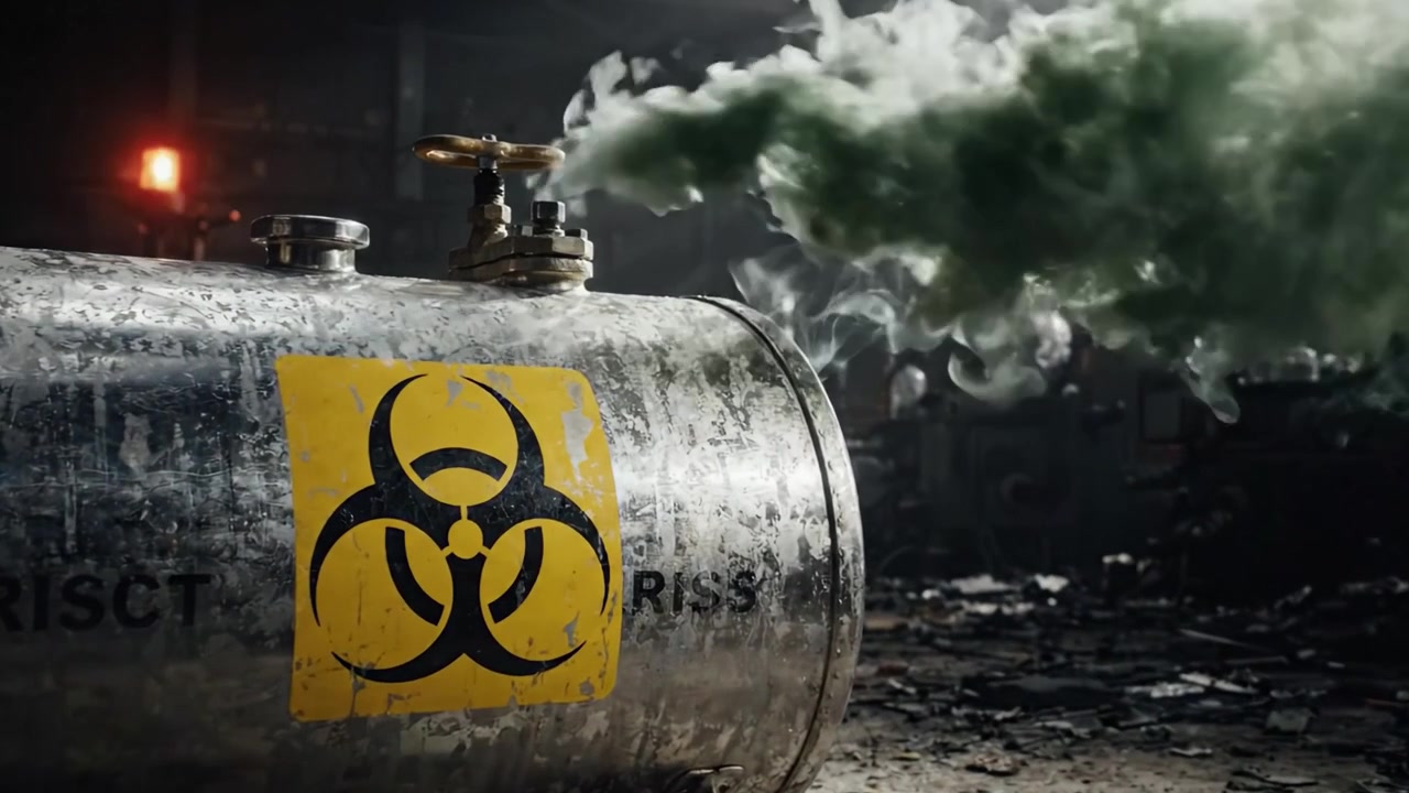 A metallic biohazard tank emanates ominous green smoke in an abandoned industrial setting, highlighting a perilous atmosphere of chemical danger and environmental concern.