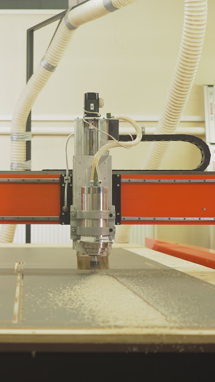 Wood lathe machine cuts out simple plywood details in woodwork shop closeup. Cutting tool with small drill processes material at carpentry slow motion