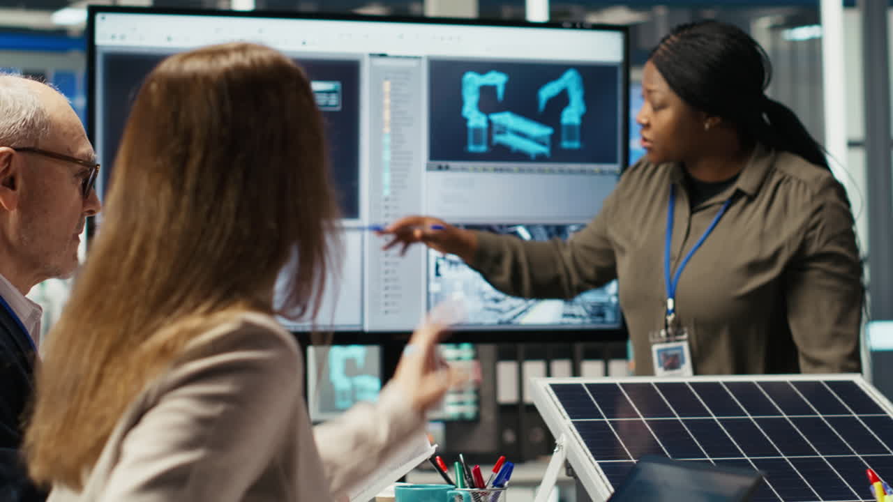 Engineering Team In Photovoltaics Plant Improving Solar Cells Efficiency