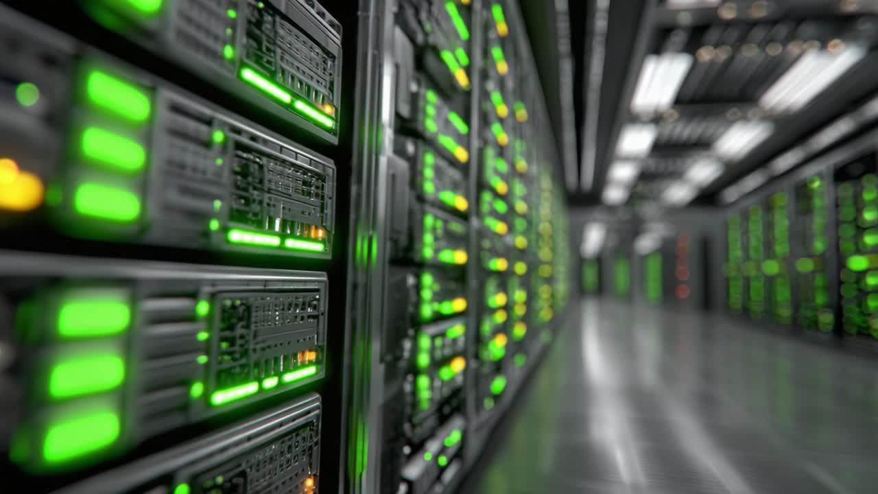 A Modern Data Center Featuring Rows of High-Performance Servers with Green LED Lights, Showcasing Advanced Technology and Efficient Data Processing Solutions