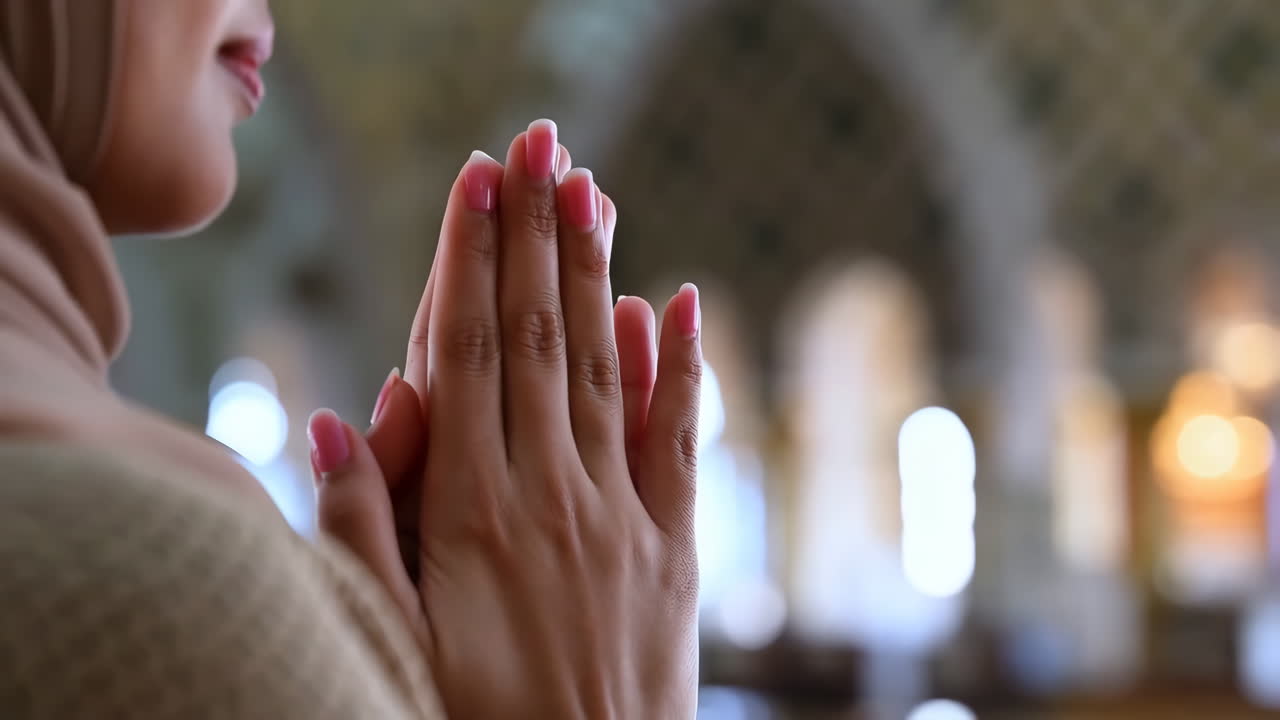 Primo piano delle mani di una donna in preghiera o meditazione in un contesto religioso