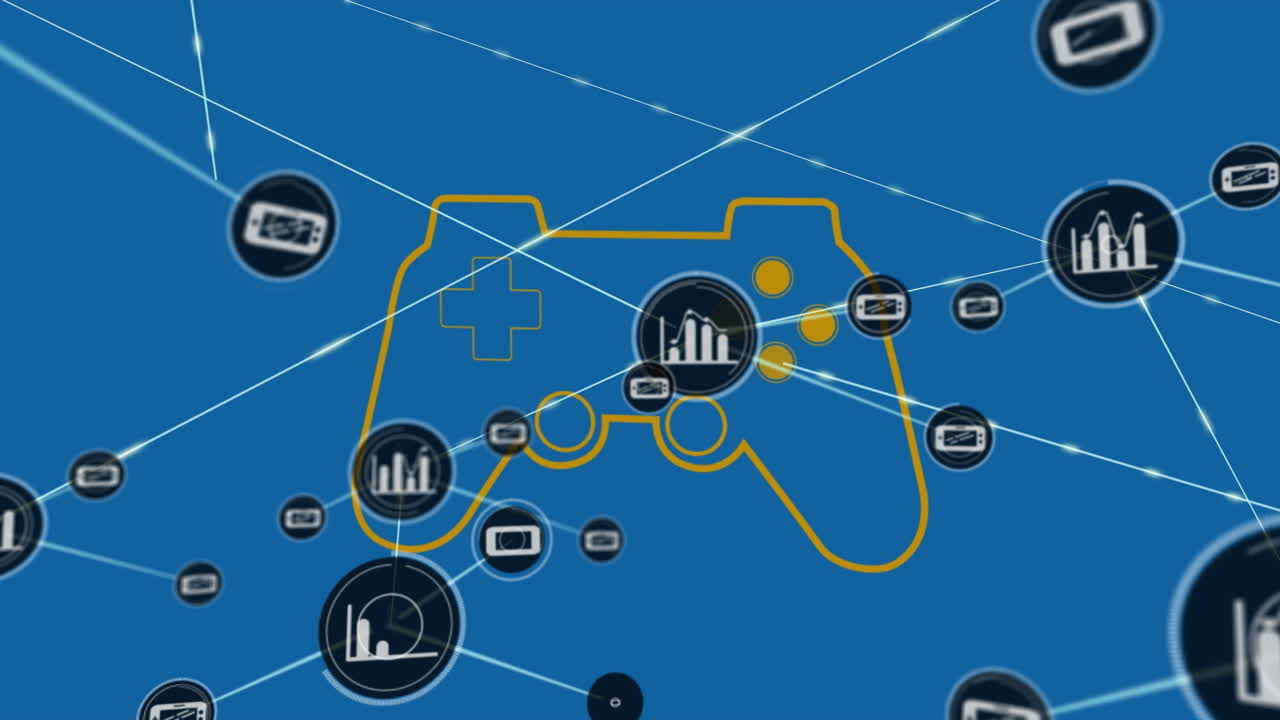 animación de una red de iconos digitales sobre el icono del controlador de videojuegos contra un fondo azul