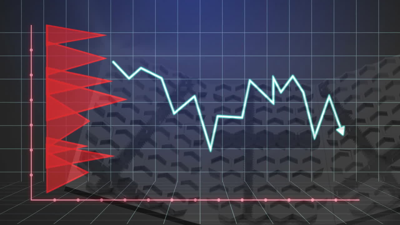 Animation of fluctuating line graph with red bar chart on grid background