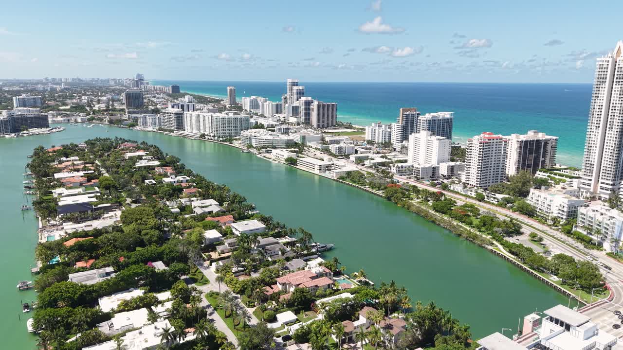 Miami Beach, Florida USA. Drone Shot of Allison Island Residential Community and Beachfront Buildings